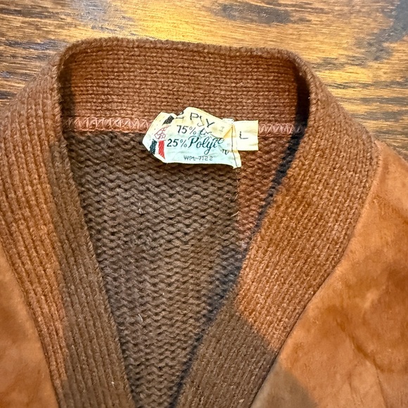 60s Vintage Brown wool blend knit and faux Suede and Knit Men's cardigan Sweater - Picture 4 of 8